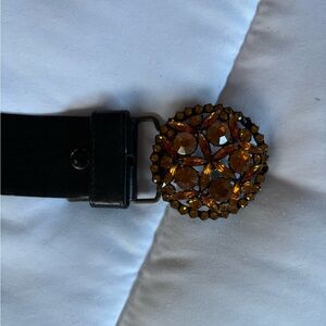 Vintage B-low the Belt Black Leather Belt Amber/Orange Crystal Buckle